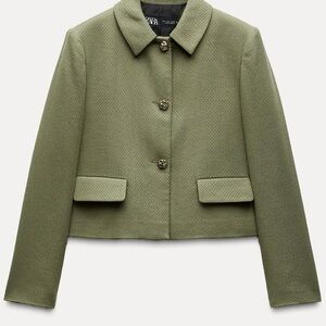 NWT XS run big Khaki Green Women Cotton Zara PIQUÉ BLAZER Gold Button lapel coat